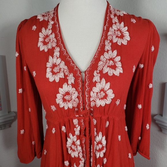 Free People Red White Embroidery Bohemian Boho Midi Oversized XS - Picture 8 of 16